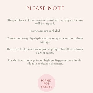 Important notes about the digital product: instant download only, no physical items shipped, frames not included, and color may vary depending on screen or printer settings. Tips for best results included