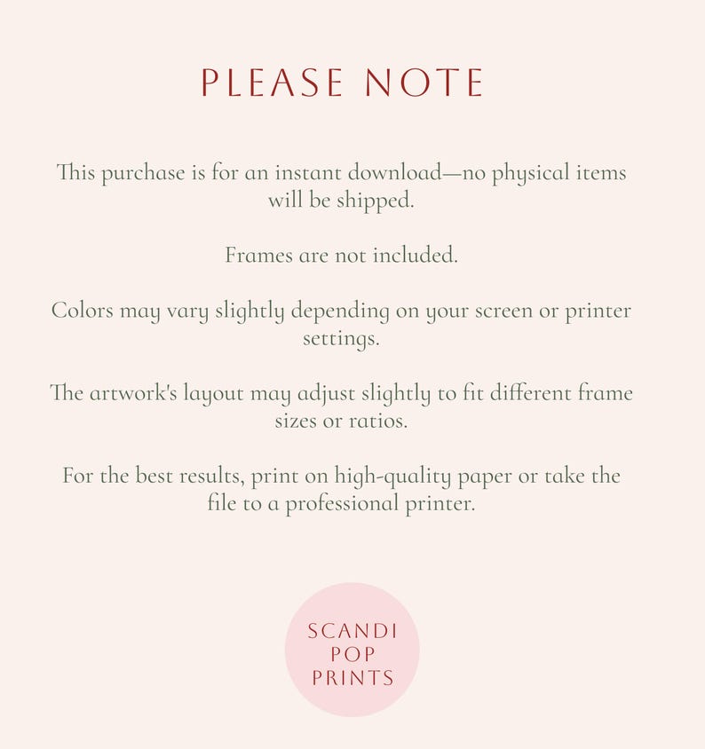 Important notes about the digital product: instant download only, no physical items shipped, frames not included, and color may vary depending on screen or printer settings. Tips for best results included