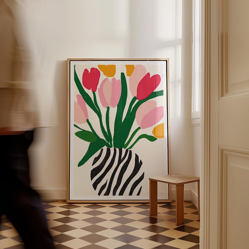 Bright floral poster with red, pink, and yellow tulips in striped vase
