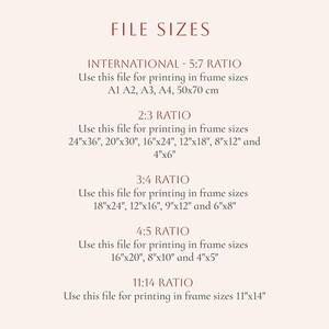 File size guide showing 5 digital file ratios for instant download. Includes international 5:7 ratio for sizes like A1, A2, and 50x70 cm, as well as 2:3, 3:4, 4:5, and 11:14 ratios for standard frame sizes. Fits all IKEA frame sizes!