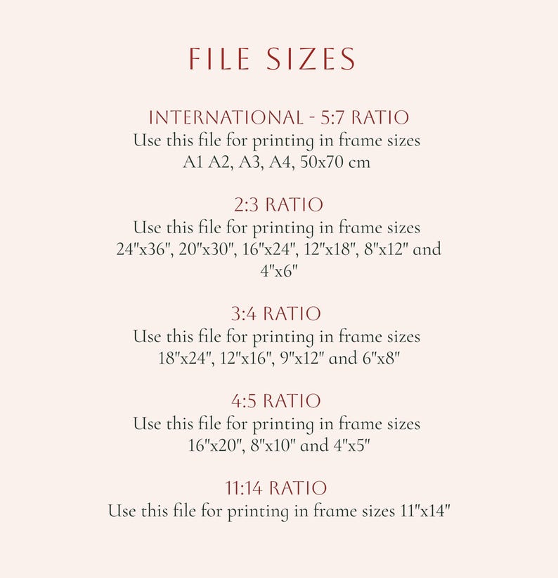 File size guide showing 5 digital file ratios for instant download. Includes international 5:7 ratio for sizes like A1, A2, and 50x70 cm, as well as 2:3, 3:4, 4:5, and 11:14 ratios for standard frame sizes. Fits all IKEA frame sizes!