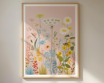 Pastel Wildflower Wall Art: Botanical Floral Illustration on Soft Pink Background (Digital Download)