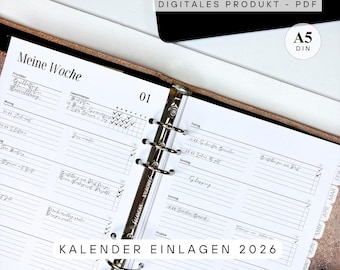 Kalenderinzetvellen voor 2026 A5 | Weekoverzicht op 2 pagina's | Filofax-inzetvellen | Printbare organizer/planner | Weekoverzicht 2026 | Digitale PDF-download