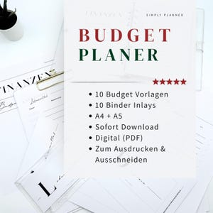 Könnte beinhalten: Ein weißer Budgetplaner mit dem Titel "BUDGET PLANER" in Rot und Grün. Der Planer enthält 10 Budgetvorlagen, 10 Binder Inlays, A4- und A5-Formate und ist ein digitales PDF zum Drucken und Ausschneiden.