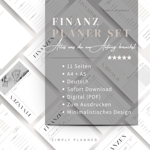 Puede incluir: Un conjunto de planificador financiero digital con un diseño minimalista. La imagen presenta varias páginas con las palabras "Finanz Planer Set" y "Alles was du am Anfang brauchst". El conjunto incluye 11 páginas, tamaños A4 y A5, y está disponible para descarga inmediata.