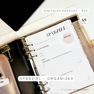 Mall för sparmål A5 | Utskrivbar PDF-sparplan och sparpottsspårare | Finansiell planerare för Filofax - Organisatör | Mål, motivation, sparöversikt