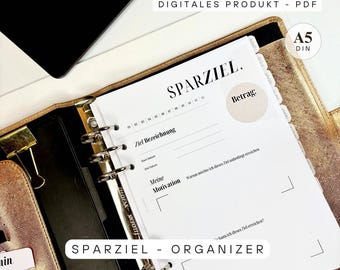 Modello di obiettivo di risparmio A5 | Piano di risparmio e monitoraggio dei risparmi in PDF stampabile | Pianificatore finanziario per Filofax - Organizzatore | Panoramica di obiettivi, motivazione e risparmi