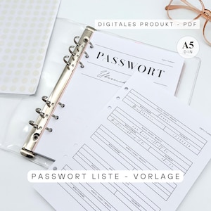 Passwort Liste A5 zum Ausdrucken | Password Log Organizer Einlage | Deckblatt + 2 Seiten Passwortliste | Filofax A5 kompatibel | Digital PDF
