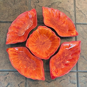 Vintage Atomic Orange Glazed Leaf Chip and Dip Set 1960s California Pottery 2715 Five Piece Relish Serving Set, Retro Fall  Party Tray