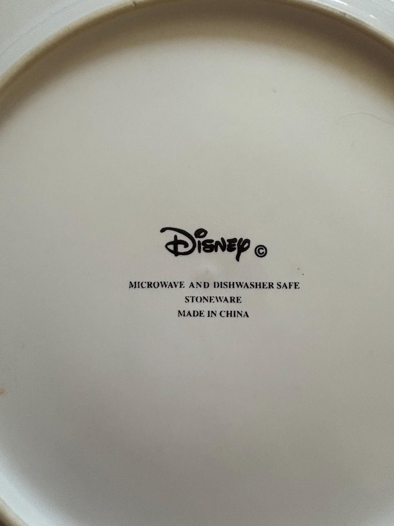 May include: Off-white ceramic plate with the Disney logo in black. The text "MICROWAVE AND DISHWASHER SAFE", "STONEWARE", and "MADE IN CHINA" are printed below the logo. The plate is round.