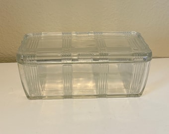 Vintage Hazel Atlas Glass Refrigerator Dish with Lid, 1930s Depression Glass Criss Cross Pattern, Clear Rectangular Fridgie Food Storage