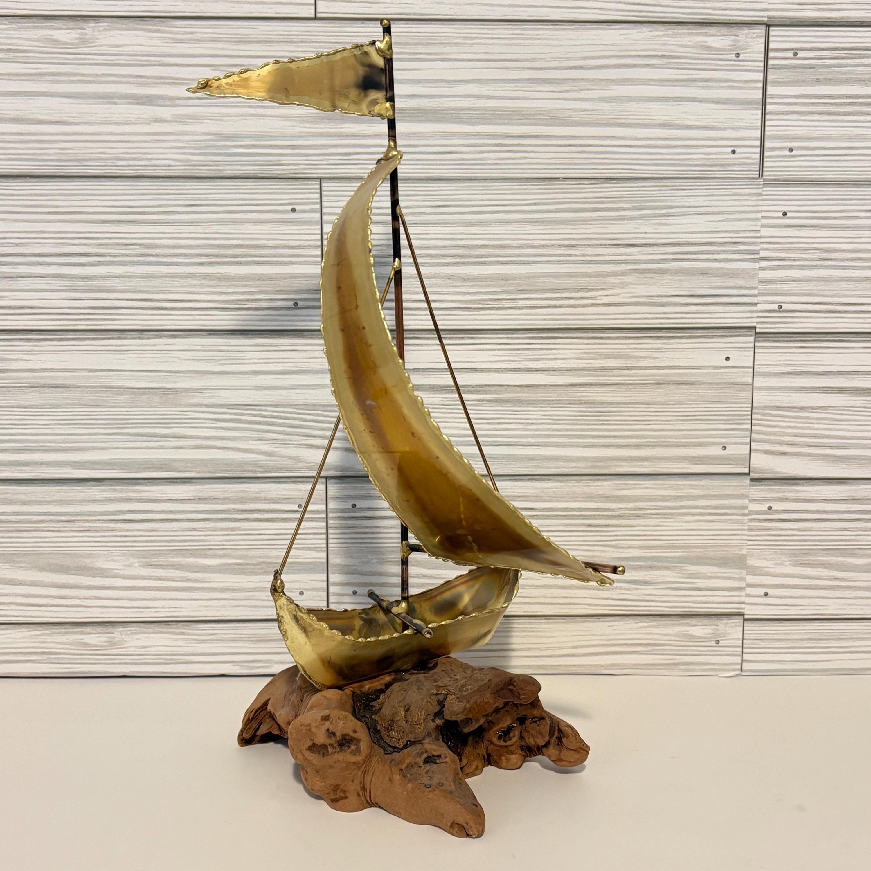 Vintage MCM Brass Sailboat Sculpture on Driftwood Base - Mid