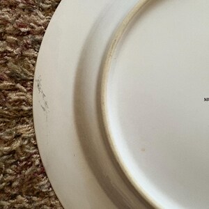May include: A white ceramic plate with a slightly raised rim. The plate has a subtle, off-white border and a smooth, glossy surface. The plate is partially visible, with a portion of the rim and the interior surface in view.