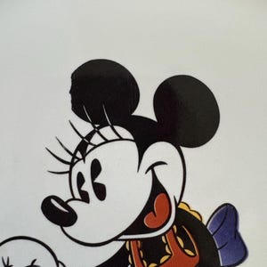 May include: A white plate featuring a smiling Minnie Mouse character. Minnie Mouse is depicted in black, white, red, and orange colors, with a blue bow. The plate has a green and yellow border.