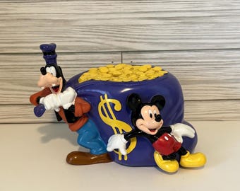 Vintage 1980s Disney Mickey Mouse & Goofy Money Bag Coin Bank - Monogram International Vinyl Piggy Bank - Retro Disney Collectible