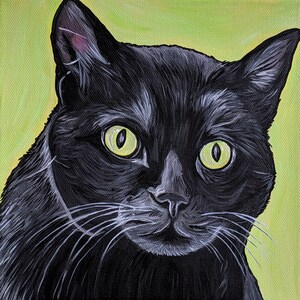 以下が含まれることがあります： 明るい緑色の目をした黒い猫のクローズアップポートレート。猫は真剣な表情で視聴者の方を見ています。背景は明るい緑色です。