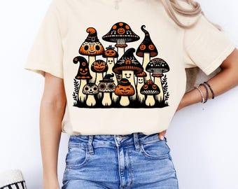 Maglietta con funghi, maglietta di Halloween con funghi, maglietta di Halloween con funghi, funghi zucca, maglietta con teschi di zucchero, maglietta boho, maglietta boho