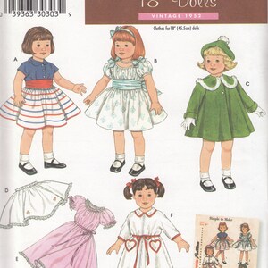 May include: Vintage Simplicity sewing pattern for 18-inch dolls. The pattern includes instructions for making a variety of outfits, including a striped skirt, a white dress with a blue sash, a green coat, a pink dress, and a white nightgown. The pattern is from 1952.