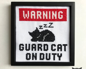 Guard Cat Cross Stitch Pattern – Funny Black Cat, Sleeping Cat (PDF Pattern)