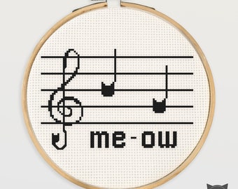 Cat Music Notes Cross Stitch Pattern: 'Me-Ow' Song (PDF Pattern)