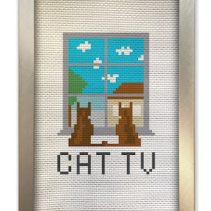 Cat Cross Stitch Pattern - Cat TV Television Window Watching Cat Looking Out