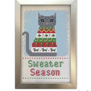 Cat Cross Stitch Pattern - Cat Ugly Sweater Christmas Tree Holiday Snowflakes Gift