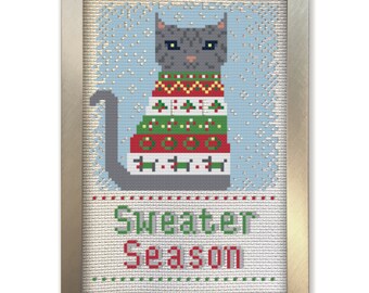 Cat Cross Stitch Pattern - Cat Ugly Sweater Christmas Tree Holiday Snowflakes Gift