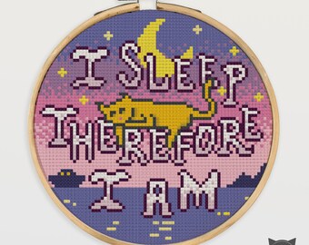 Cat Cross Stitch Pattern - Orange Cat I Sleep Therefore I Am Ocean Vibes Sleep Aesthetic Cat Nap