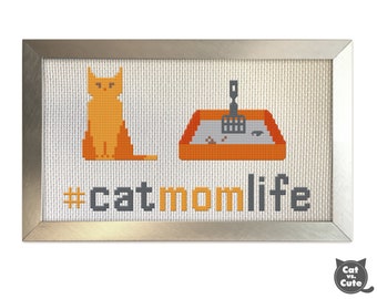 Cat Mom Life Cross Stitch Pattern – Orange Cat, Litter Box (PDF Pattern)