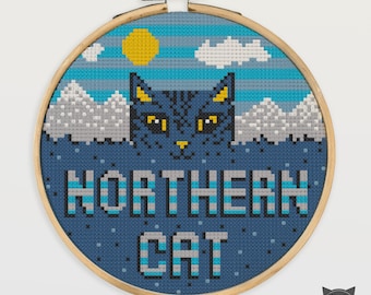 Cat Cross Stitch Pattern - Northern Cat Tabby Gray Winter Mountains Hills