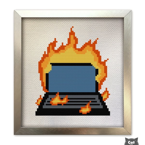 Cross Stitch Pattern - Laptop Computer on Fire