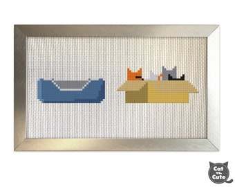Cat Cross Stitch Pattern - Cat Bed Cardboard Box Black Orange Gray Cats