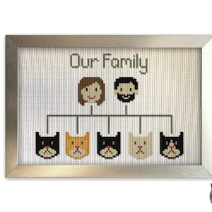 May include: A framed cross-stitch design featuring a family tree with two parents and five cats. The text "Our Family" is at the top of the design.
