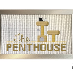 Cat Cross Stitch Pattern - Cat Tree Penthouse Three is a Crowd Black Cat
