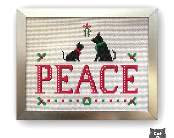 Cat Cross Stitch Pattern - Cat Dog Peace Christmas Holiday Wreath Mistletoe Gift