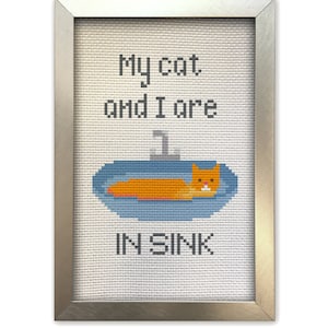 Cat Cross Stitch Pattern - My Cat and I are in Sink in Sync - Cat in Bathroom Sink - Orange Cat