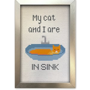 Cat Cross Stitch Pattern My Cat and I are in Sink in Sync Cat in Bathroom Sink Orange Cat image 1