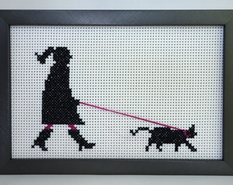 Cat Cross Stitch Pattern - Cat Out for a Walk Leash Cat Cross Stitch Pattern