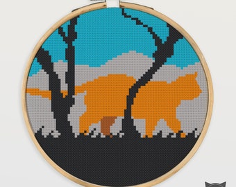 Cat Cross Stitch Pattern - Orange Cat Walking the Forest in Nature with Trees Mountains Silhouette