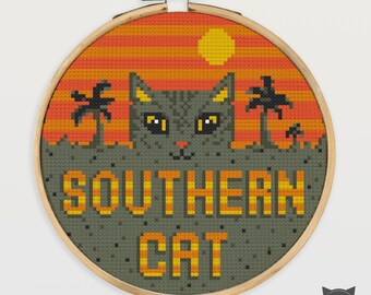 Cat Cross Stitch Pattern - Southern Cat Tabby Gray Desert Palm Trees Hot