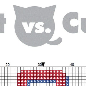 May include: Cross stitch pattern for a red, white, and blue cat with the text "Cat vs. Cute" and the website etsy.com/shop/catvscute.