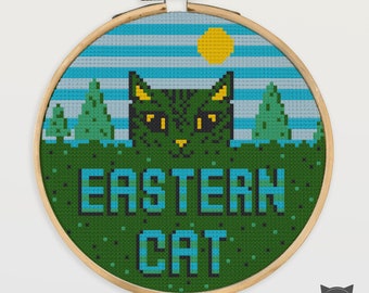 Cat Cross Stitch Pattern - Eastern Cat Tabby Gray Green Woods Forest