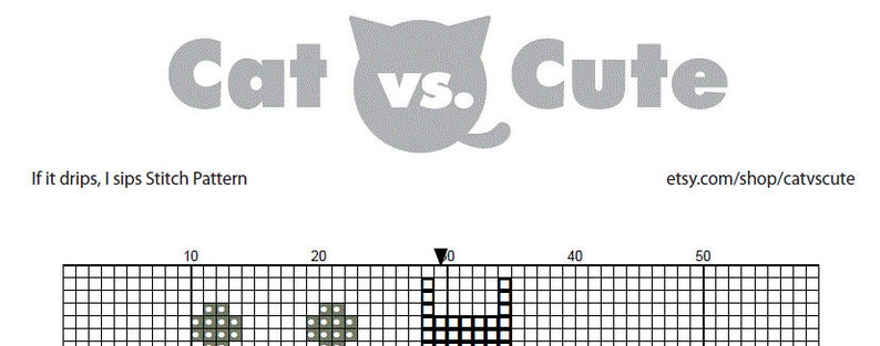 May include: A black and white cross stitch pattern of a cat with the text "If it drips, I sips Stitch Pattern" and "etsy.com/shop/catvscute".