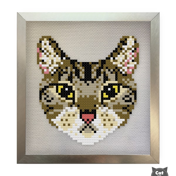 Cat Cross Stitch Pattern - Grey Gray Brown Tabby Cat Face Portrait Cross Stitch Pattern