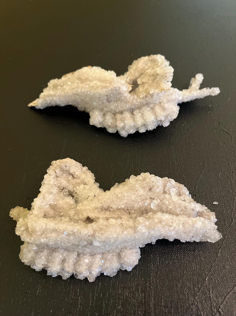 May include: Two light grey, crystallised mineral formations. The formations have a textured, bumpy surface and an irregular shape, resembling a cluster of small crystals. The background is a dark, solid colour.