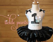 Gift Box Birthday Tutu Outfit- Black sparkles and aqua blue- Includes top, ribbon tutu - Can be changed to match your party