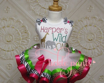 WILD ONE Safari Birthday Outfit - Hot Pink Lime - Includes glitter top and ruffled tutu - Giraffe zebra leopard cheetah - Can be customized