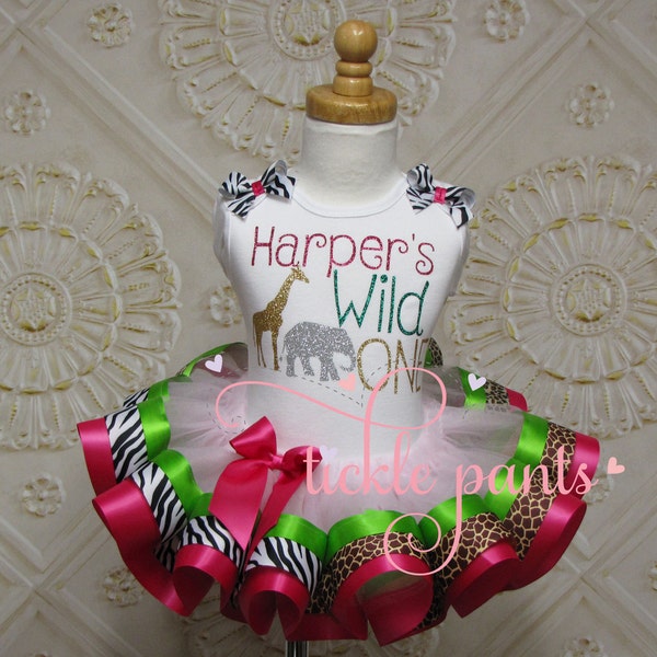 WILD ONE Safari Birthday Outfit - Hot Pink Lime - Includes glitter top and ruffled tutu - Giraffe zebra leopard cheetah - Can be customized