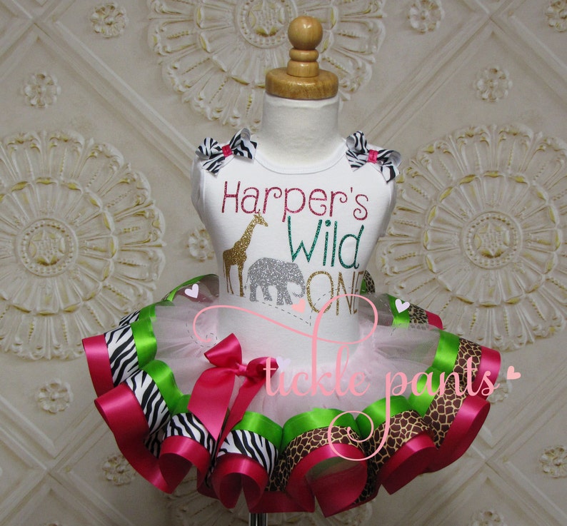 WILD ONE Safari Birthday Outfit Hot Pink Lime Includes glitter top and ruffled tutu Giraffe zebra leopard cheetah Can be customized image 1