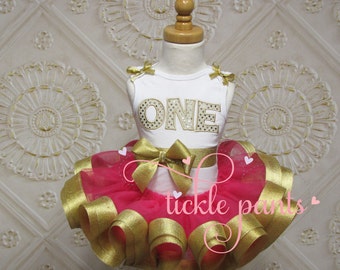 Simply Stated Birthday Tutu Outfit - ONE- First birthday outfit- Includes top and ruffled tutu - Coral gold - Can be made in ANY color